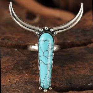 🆕 Western Boho Longhorn Bull Head Steer Turquoise Yellowstone Cowgirl Ring 🌵